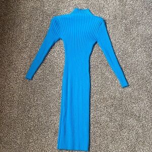 Long Sleeve Ribbed Mock Neck Dress in Bright Blue